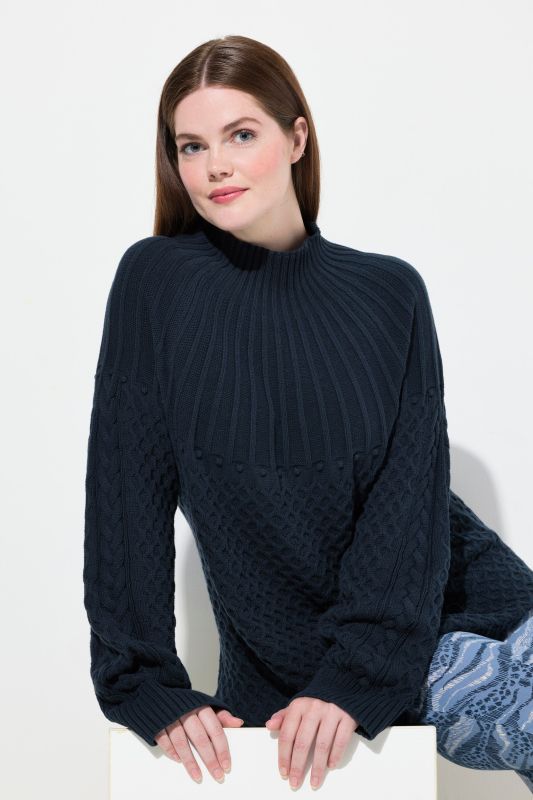 Pull en coton bio, col montant et manches longues, jeu de mailles