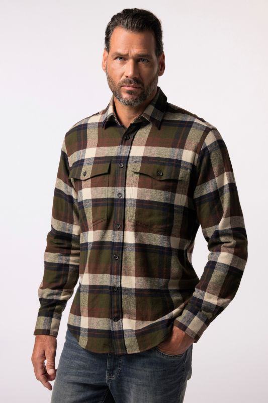 Chemise JP 1880 en flanelle à carreaux, manches longues et col Kent, coupe Modern Fit - jusqu'au 8&nbsp;XL