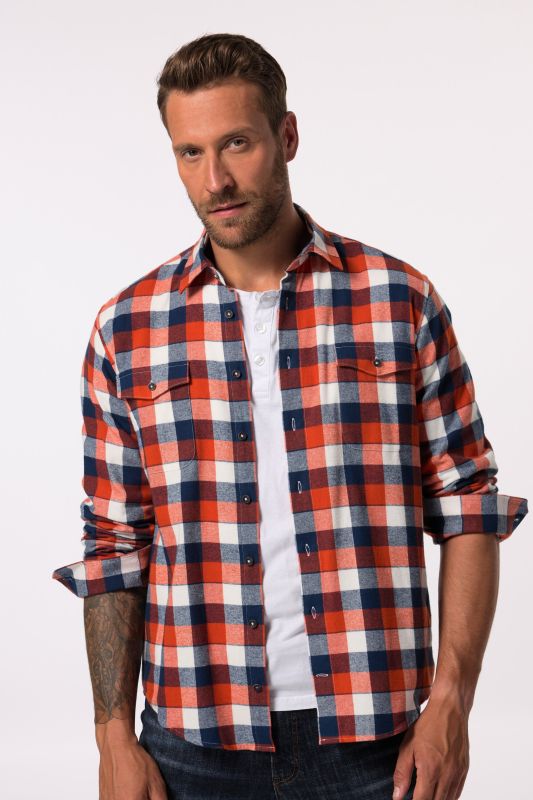 Chemise JP 1880 en flanelle à carreaux, manches longues et col Kent, coupe Modern Fit - jusqu'au 8&nbsp;XL