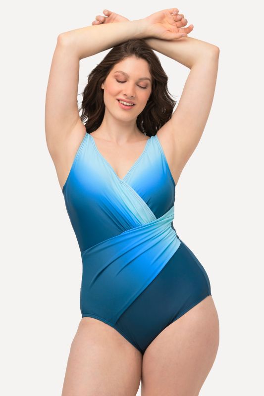 Maillot de bain décolleté en V et bonnets souples. Dégradé de couleurs, matière recyclée.