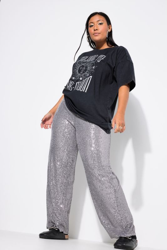 Pantalon à sequins. Coupe Wide Legs et taille élastique