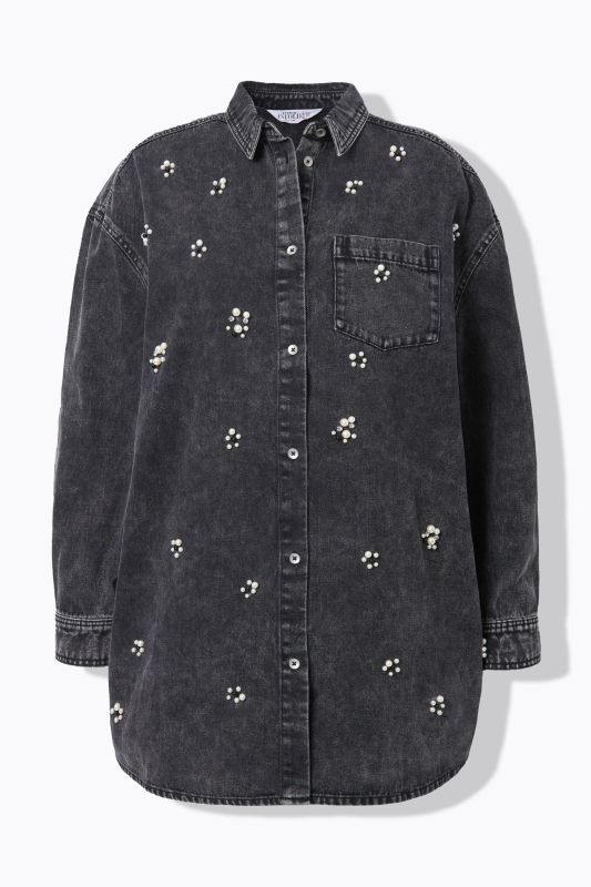 Chemisier en jean, long et oversize, avec perles fantaisie