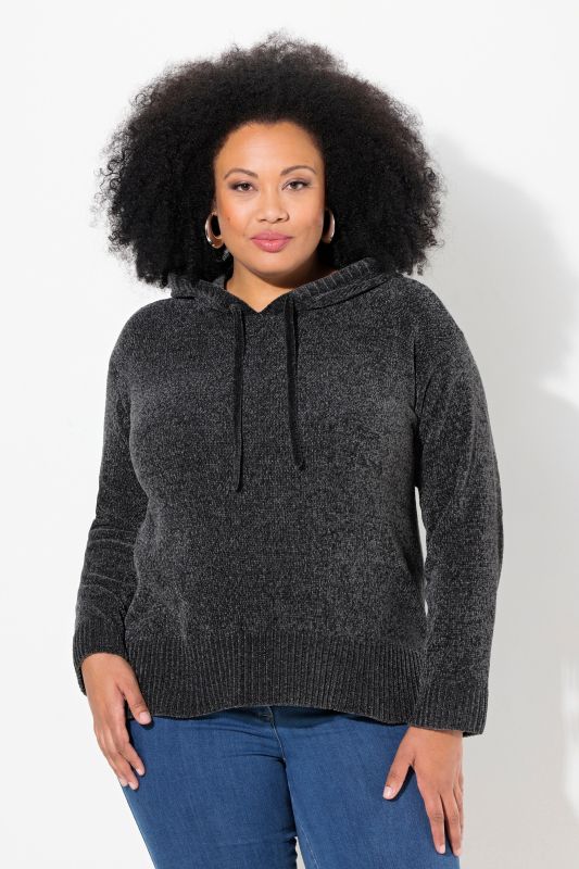 Sweat-shirt en maille chenille, capuche avec cordon de serrage, manches longues