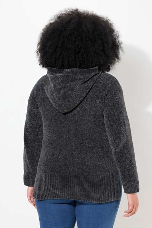 Sweat-shirt en maille chenille, capuche avec cordon de serrage, manches longues