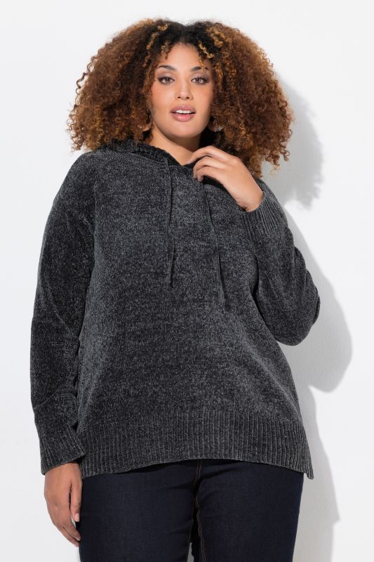 Sweat-shirt en maille chenille, capuche avec cordon de serrage, manches longues