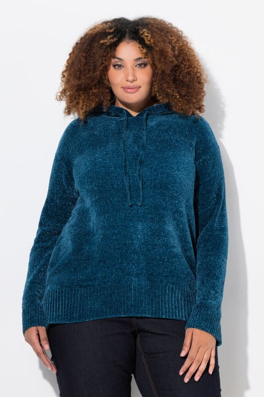 Sweat-shirt en maille chenille, capuche avec cordon de serrage, manches longues