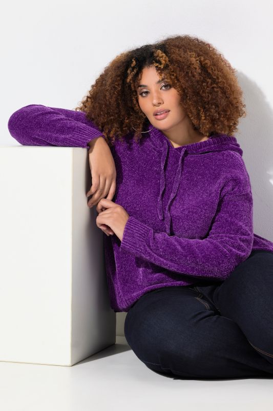 Sweat-shirt en maille chenille, capuche avec cordon de serrage, manches longues