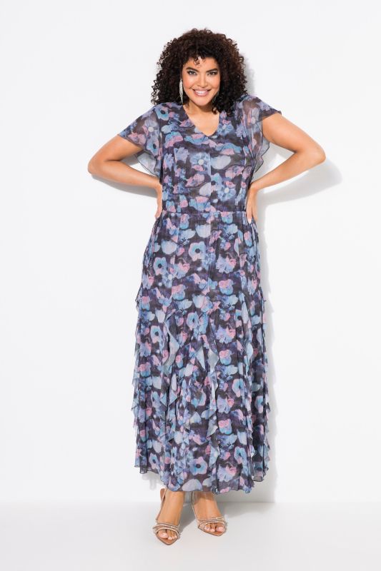 Robe de soirée en mesh, fleurs, col en V, manches volantées