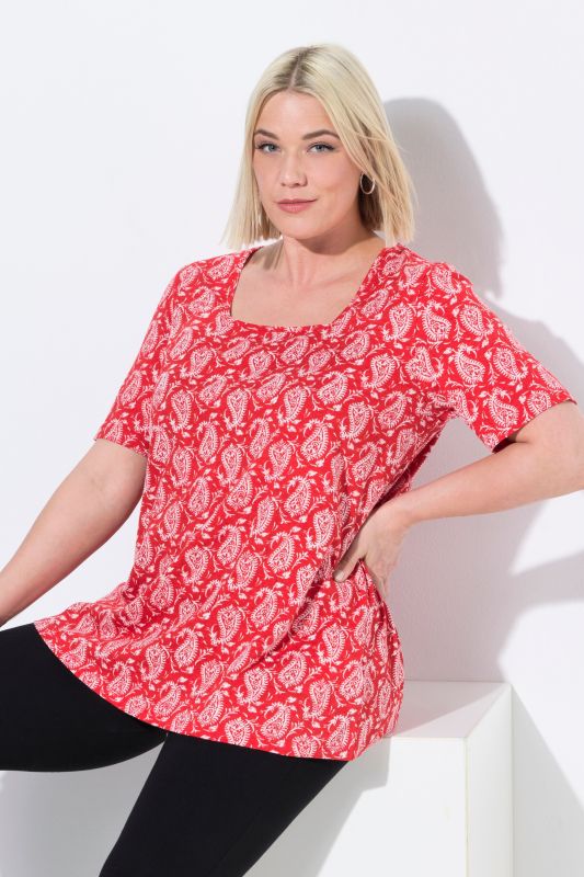 T-shirt à motif, coupe évasée, décolleté carré et manches courtes