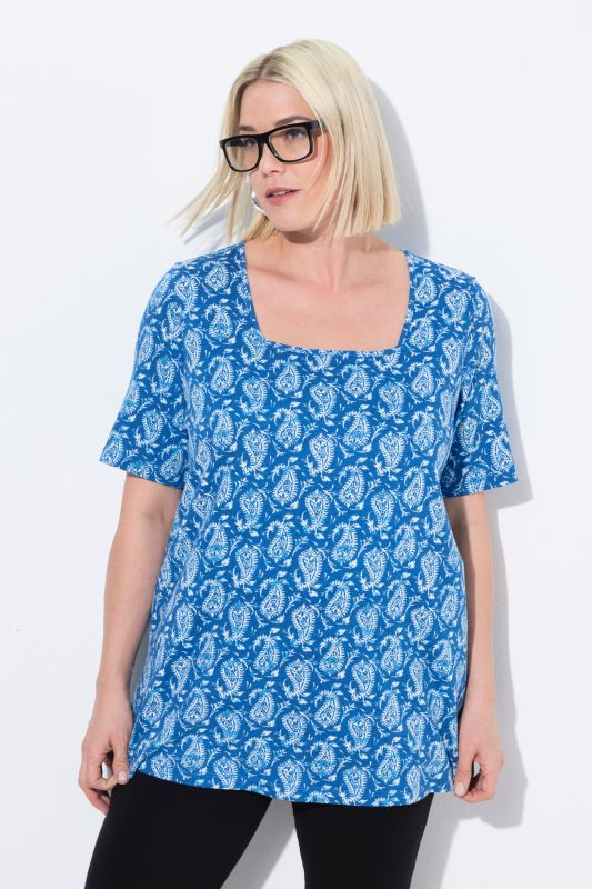T-shirt à motif, coupe évasée, décolleté carré et manches courtes