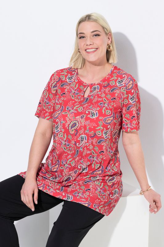 T-shirt long à manches courtes, col rond avec découpe « trou de serrure », coupe évasée