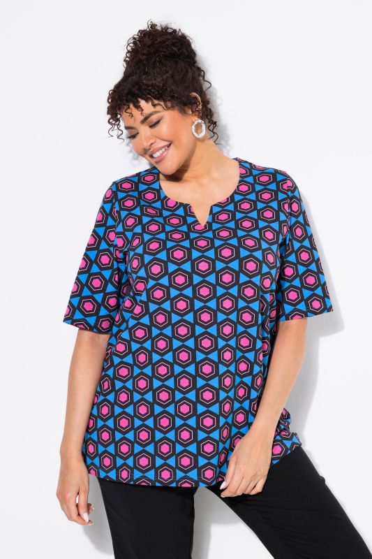 T-shirt imprimé graphique, col tunisien et manches courtes
