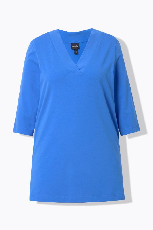 T-shirt long à coupe évasée, col en V et manches 3/4
