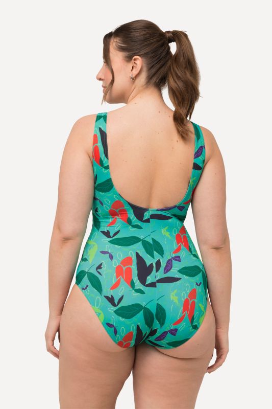 Maillot de bain sans bonnets souples, motif feuilles, décolleté rond