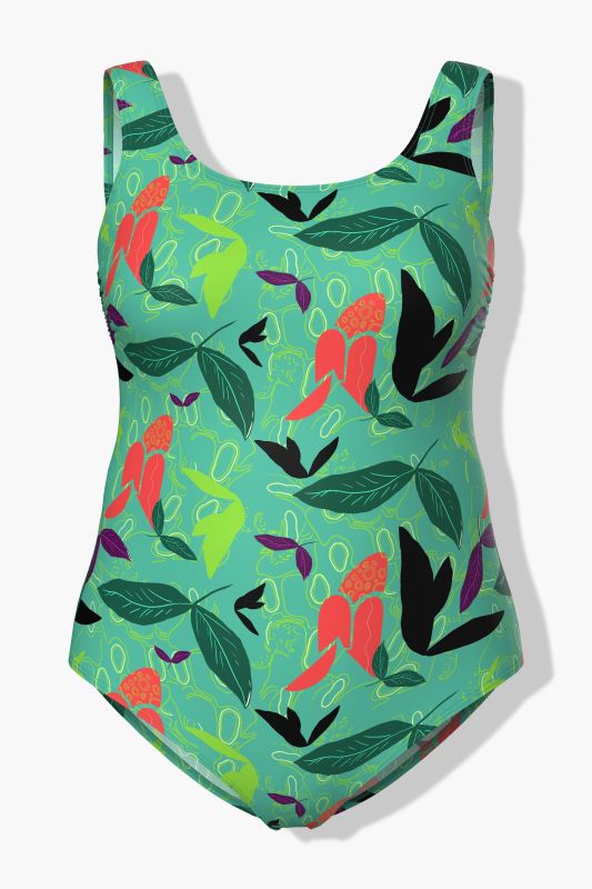 Maillot de bain sans bonnets souples, motif feuilles, décolleté rond