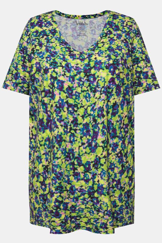 T-shirt long floral à manches courtes. Ligne A et col V