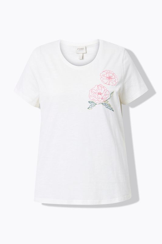 T-shirt, broderie coquelicot, col rond, manches courtes, coton bio