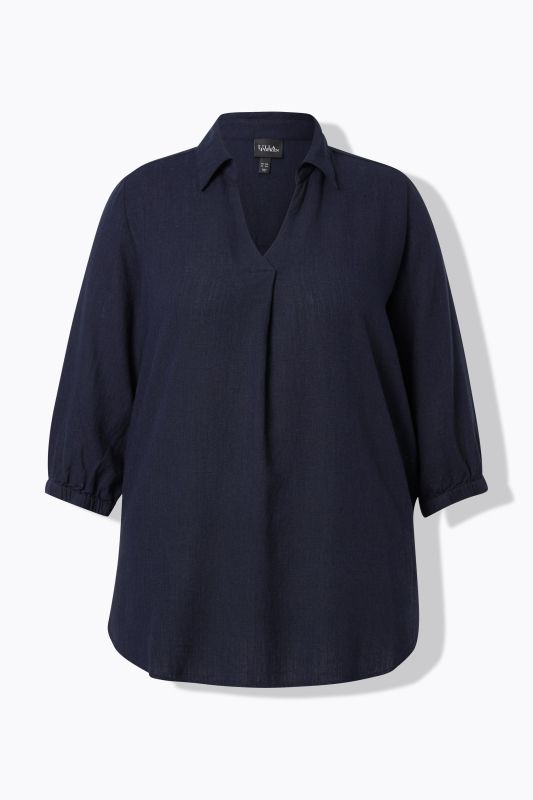 Tunique en lin mélangé, coupe évasée, col chemise et manches 3/4