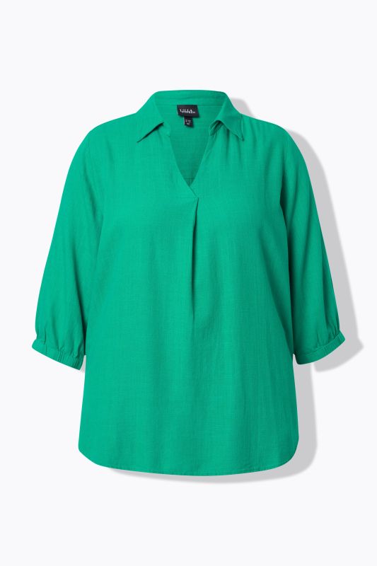 Tunique en lin mélangé, coupe évasée, col chemise et manches 3/4