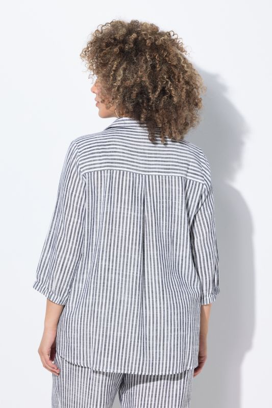 Tunique en lin mélangé, fin rayures, coupe évasée, col chemise et manches 3/4
