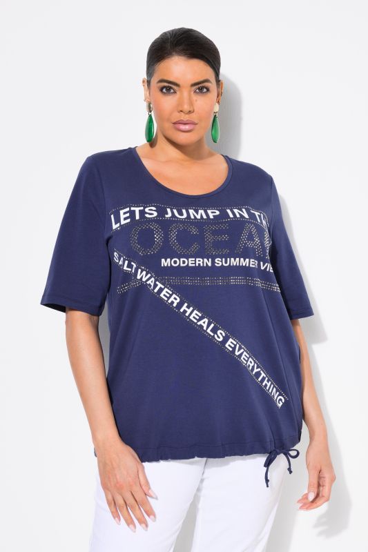 T-shirt à message, cordon à nouer à la base, décolleté en rond et manches courtes