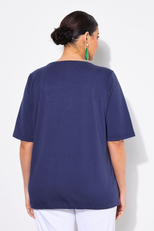 T-shirt à message, cordon à nouer à la base, décolleté en rond et manches courtes