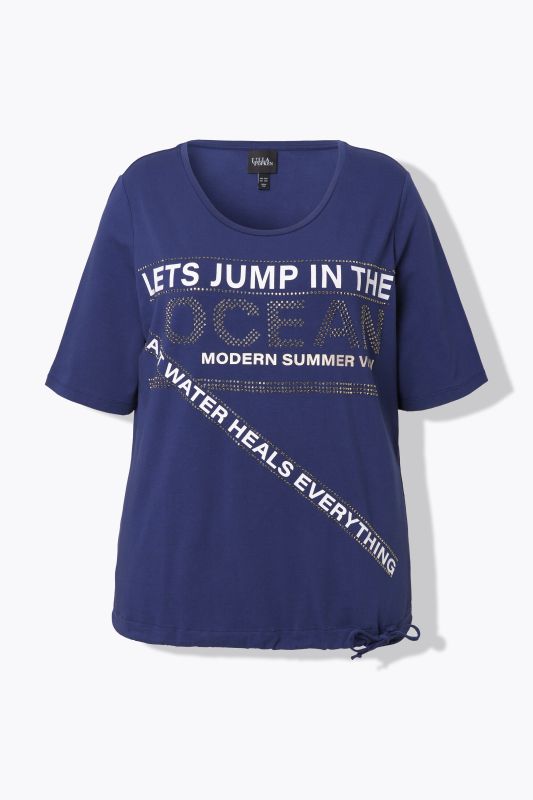 T-shirt à message, cordon à nouer à la base, décolleté en rond et manches courtes