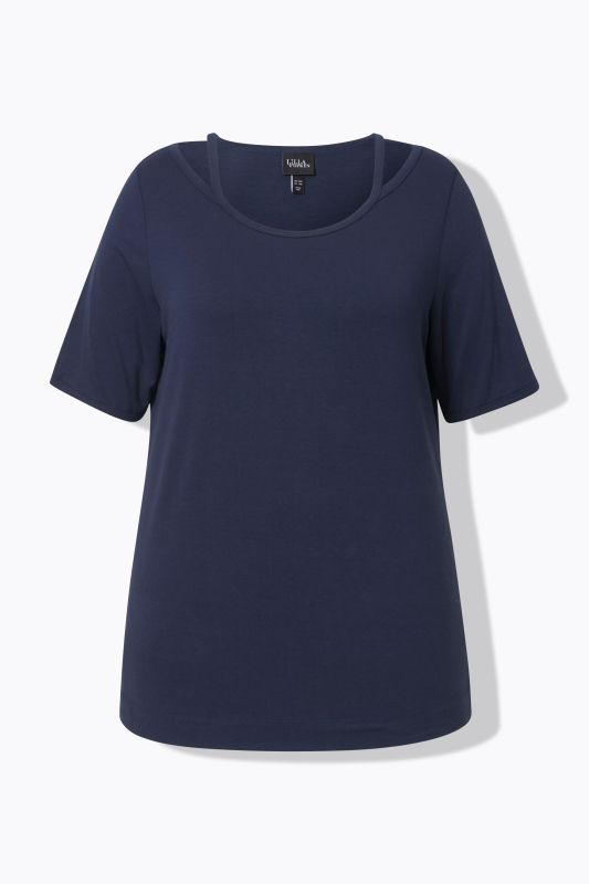 T-shirt avec découpes, coupe Classic Fit, décolleté rond et manches 3/4