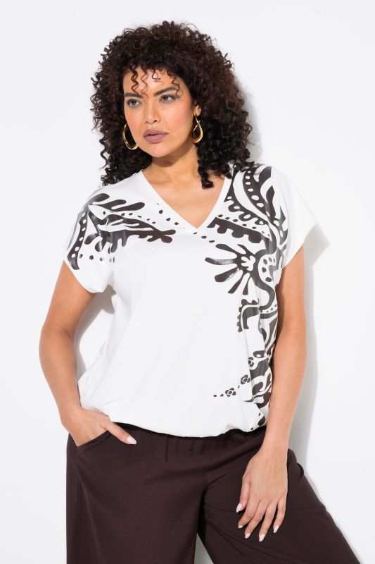 T-shirt oversize, motif cachemire, décolleté en V et manches courtes