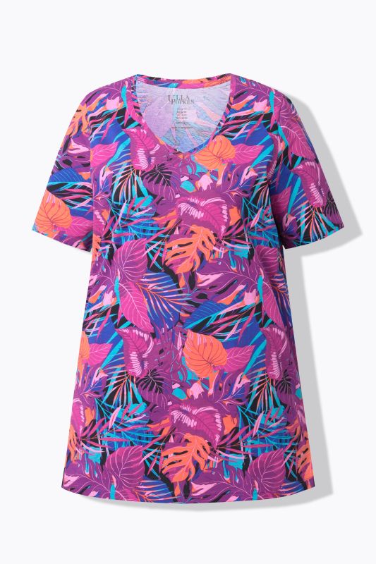 T-shirt long, manches courtes et col en V, coupe évasée