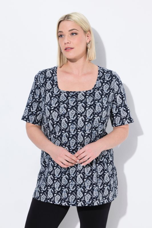 T-shirt à motif, coupe évasée, décolleté carré et manches courtes