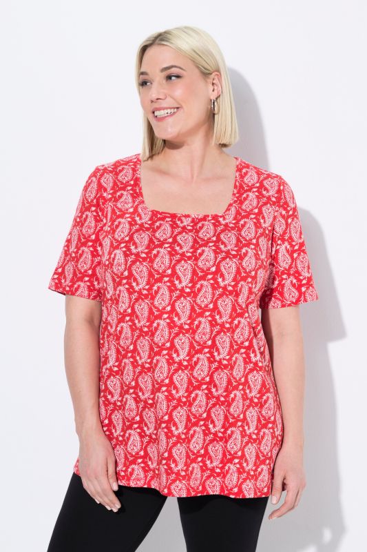 T-shirt à motif, coupe évasée, décolleté carré et manches courtes