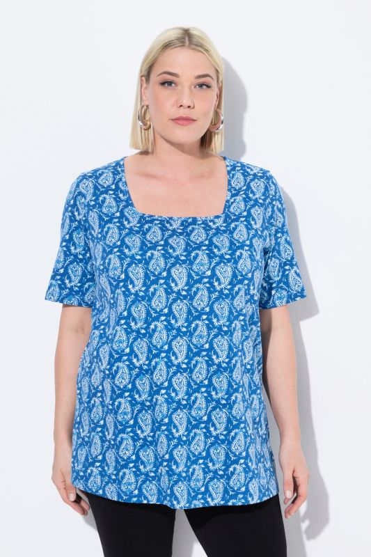 T-shirt à motif, coupe évasée, décolleté carré et manches courtes