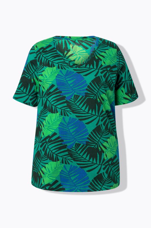 T-shirt imprimé feuilles, col en V et manches courtes, coupe évasée