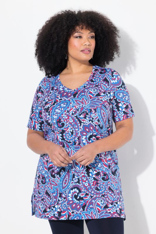 T-shirt long à motif, coupe évasée, col en V et manches courtes