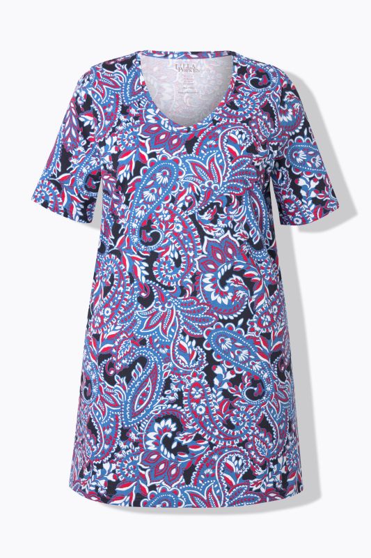 T-shirt long à motif, coupe évasée, col en V et manches courtes