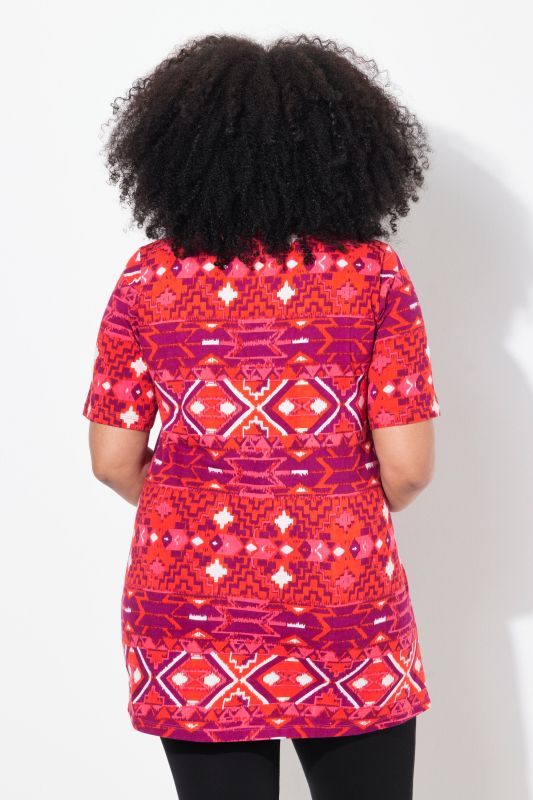 T-shirt long à manches courtes, décolleté en V avec rubans fantaisie, coupe évasée