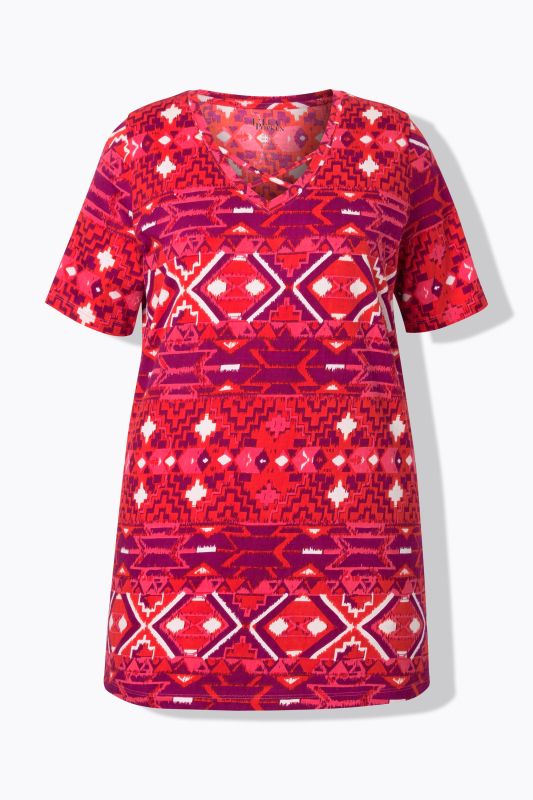 T-shirt long à manches courtes, décolleté en V avec rubans fantaisie, coupe évasée