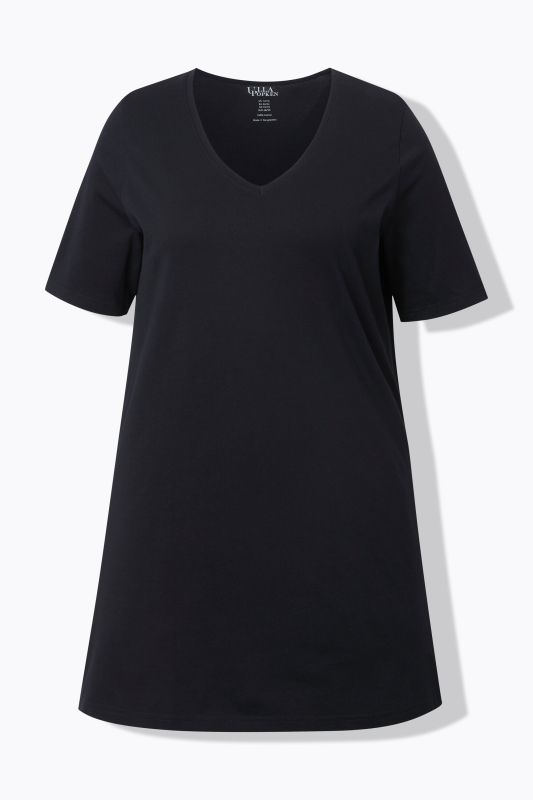 T-shirt long, manches courtes et col en V, coupe évasée