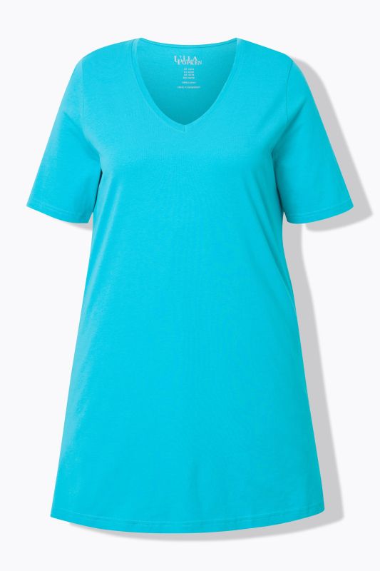 T-shirt long, manches courtes et col en V, coupe évasée