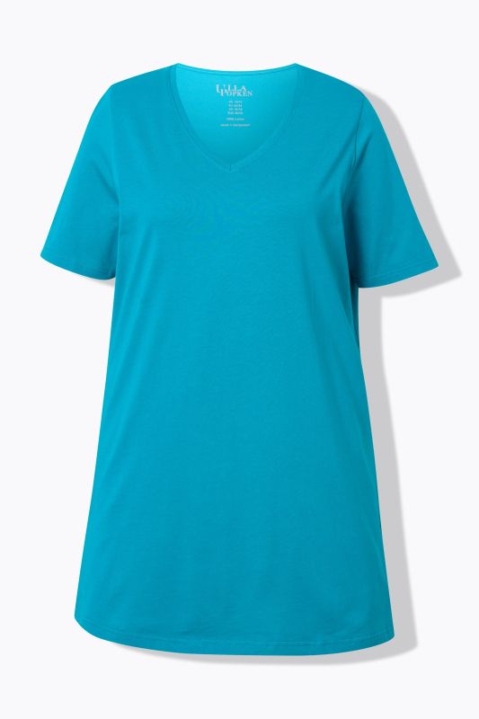 T-shirt long, manches courtes et col en V, coupe évasée