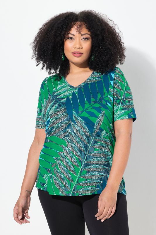 T-shirt imprimé palmiers, coupe évasée, col en V et manches courtes