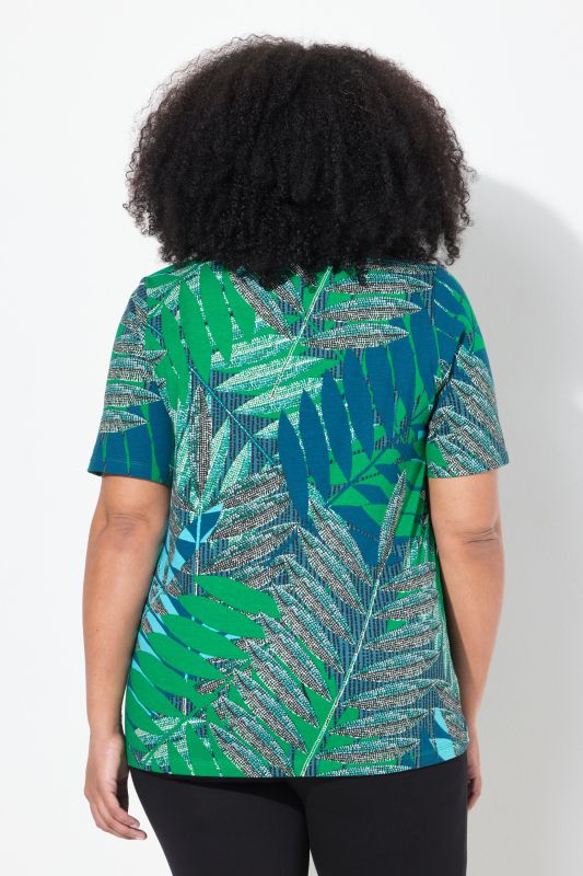 T-shirt imprimé palmiers, coupe évasée, col en V et manches courtes