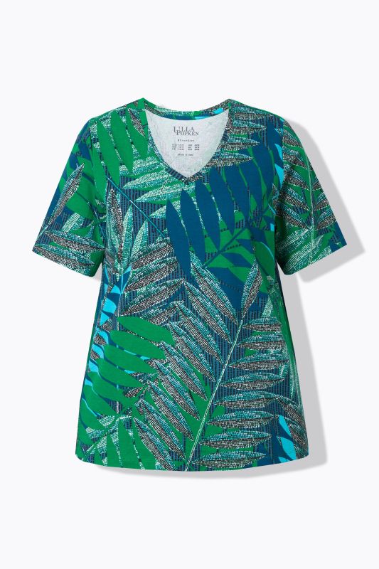T-shirt imprimé palmiers, coupe évasée, col en V et manches courtes