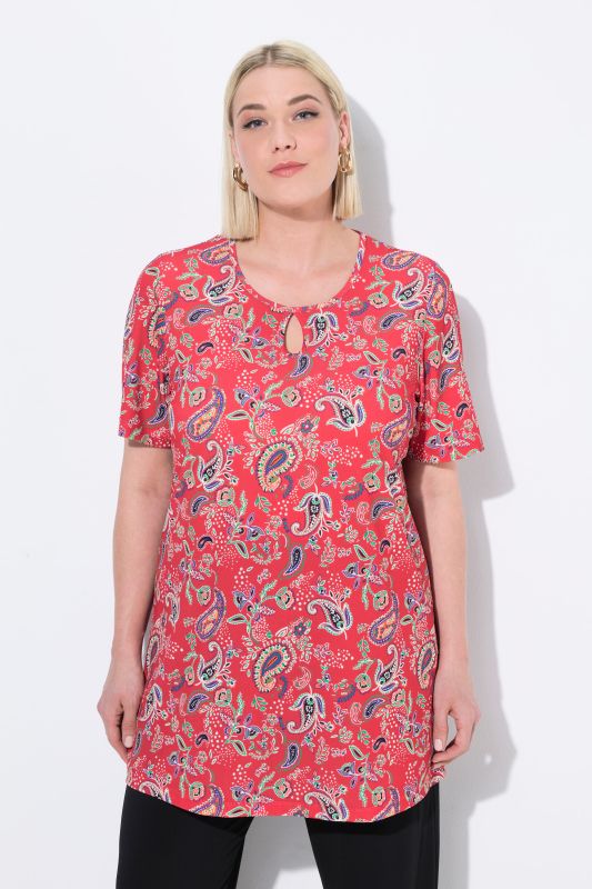 T-shirt long à manches courtes, col rond avec découpe « trou de serrure », coupe évasée