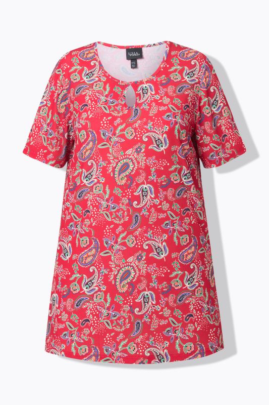 T-shirt long à manches courtes, col rond avec découpe « trou de serrure », coupe évasée