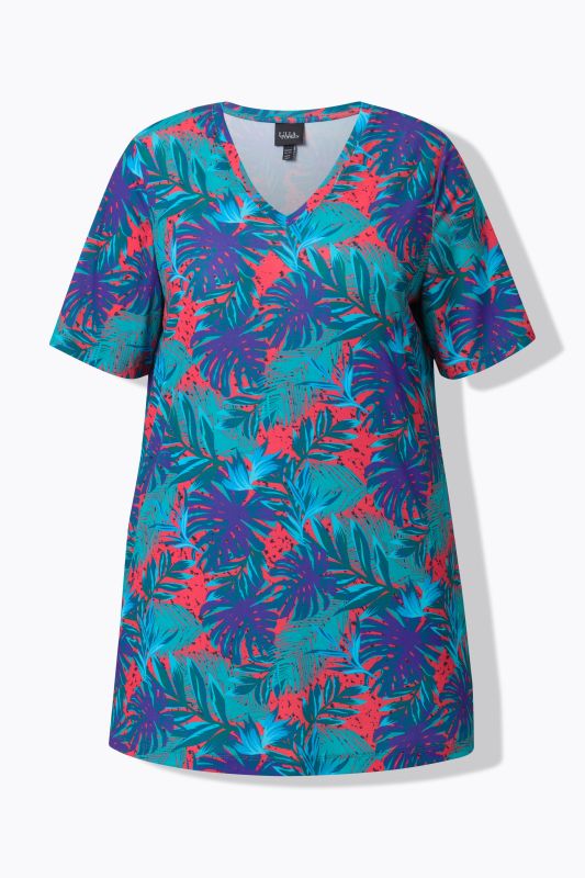 T-shirt long imprimé palmiers, manches courtes et col V, coupe évasée