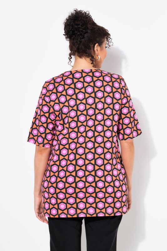 T-shirt imprimé graphique, col tunisien et manches courtes