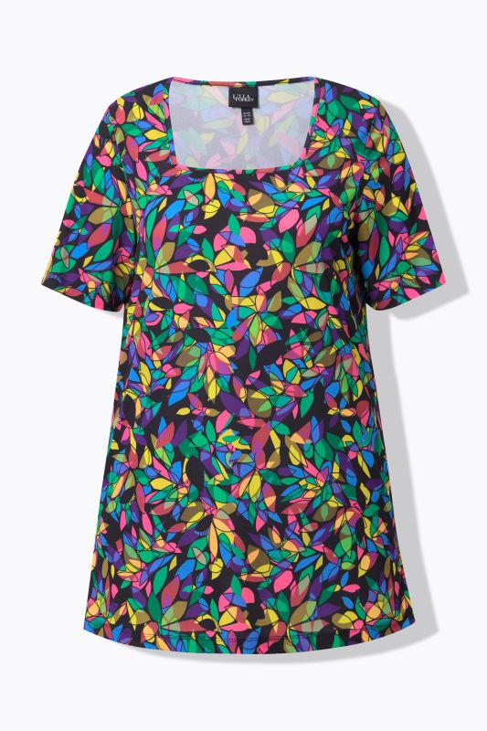 T-shirt long, décolleté carré et manches courtes, coupe évasée
