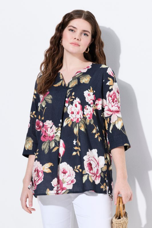 Blouse en lin mélangé, col tunisien et manches 3/4, coupe évasée